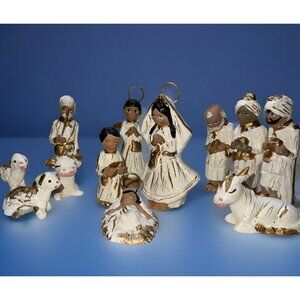 Vintage Handmade Painted Clay Mexican Folk Art 12pc Christmas Nativity Set